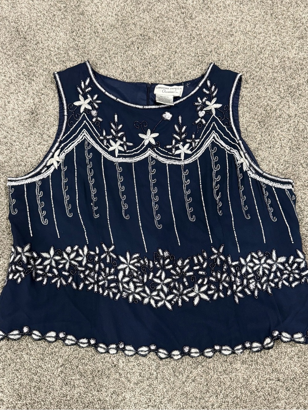 Adrianna Papell Blue Sequin Beaded 100% Silk Formal Blouse Evening Women’s US 20